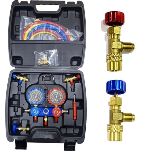 kit de manifold completo R32, R410, R22 con valvulas de seguridad en maletin